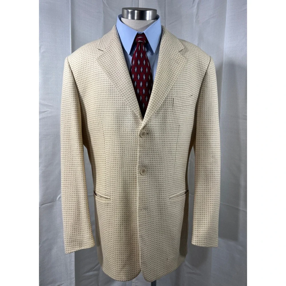 Bachrach Made in Italy Cashmere Wool Blazer Cream Waffle Weave Mens 42L